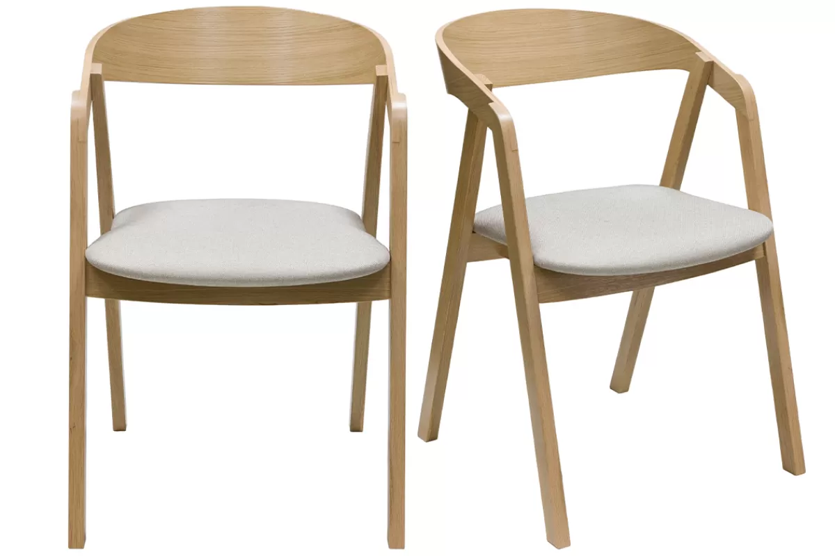 Miliboo Sillas Modernas-Set de 2 sillas nórdicas de madera clara de roble macizo y tela beige LOVA