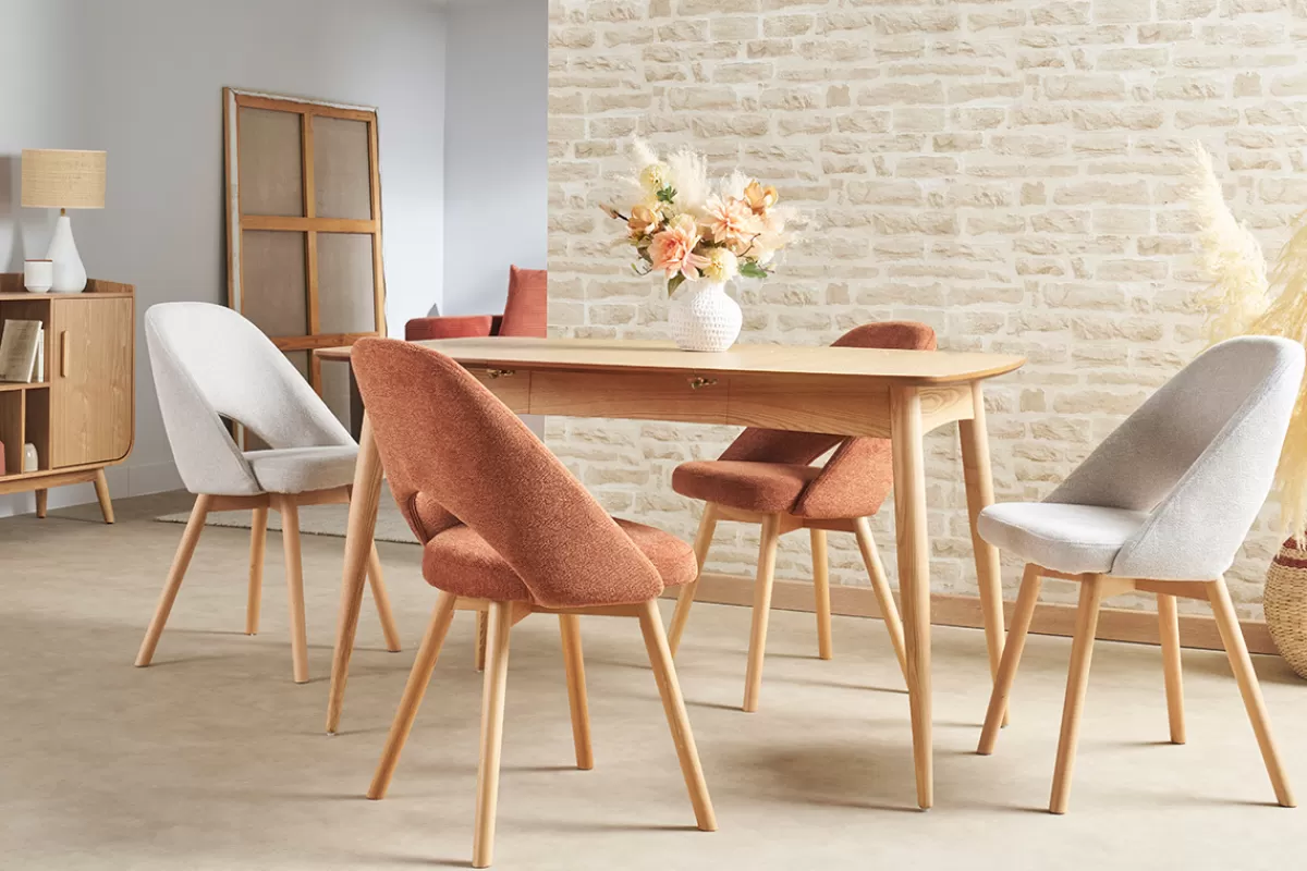 Miliboo Sillas Modernas-Set de 2 sillas nórdicas de tejido efecto aterciopelado texturizado terracota y madera clara COSETTE