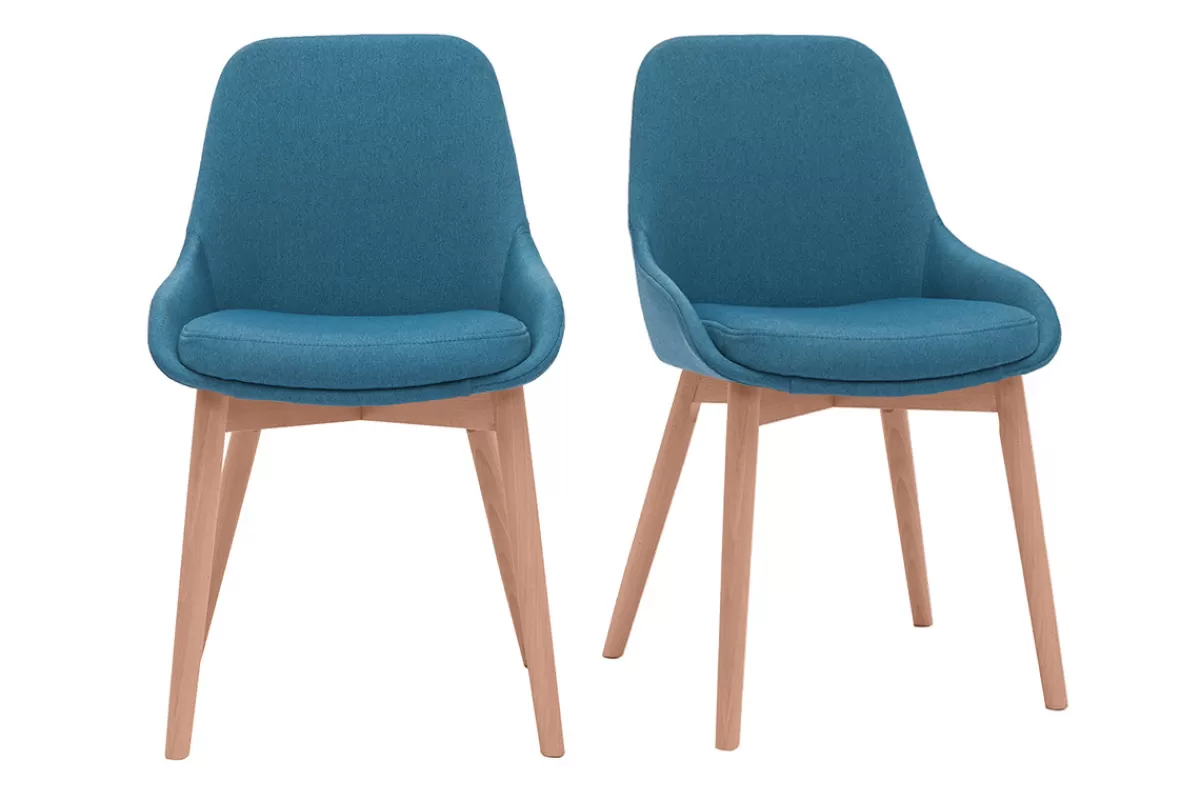 Miliboo Sillas Modernas-Set de 2 sillas nórdicas de tela azul petróleo y madera clara maciza HOLO