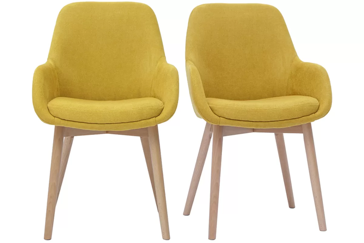 Miliboo Sillas Modernas-Set de 2 sillas nórdicas de tela efecto aterciopelado amarillo mostaza y madera clara maciza HOLO