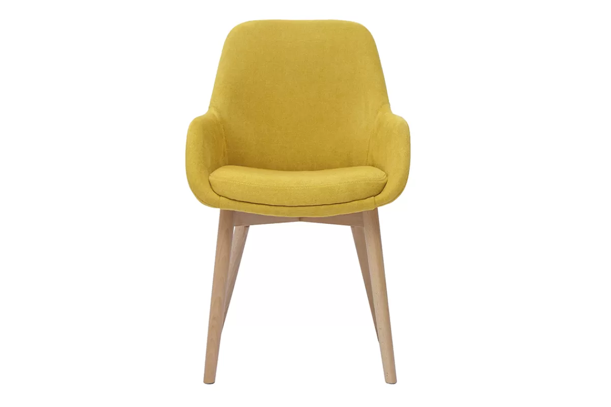 Miliboo Sillas Modernas-Set de 2 sillas nórdicas de tela efecto aterciopelado amarillo mostaza y madera clara maciza HOLO