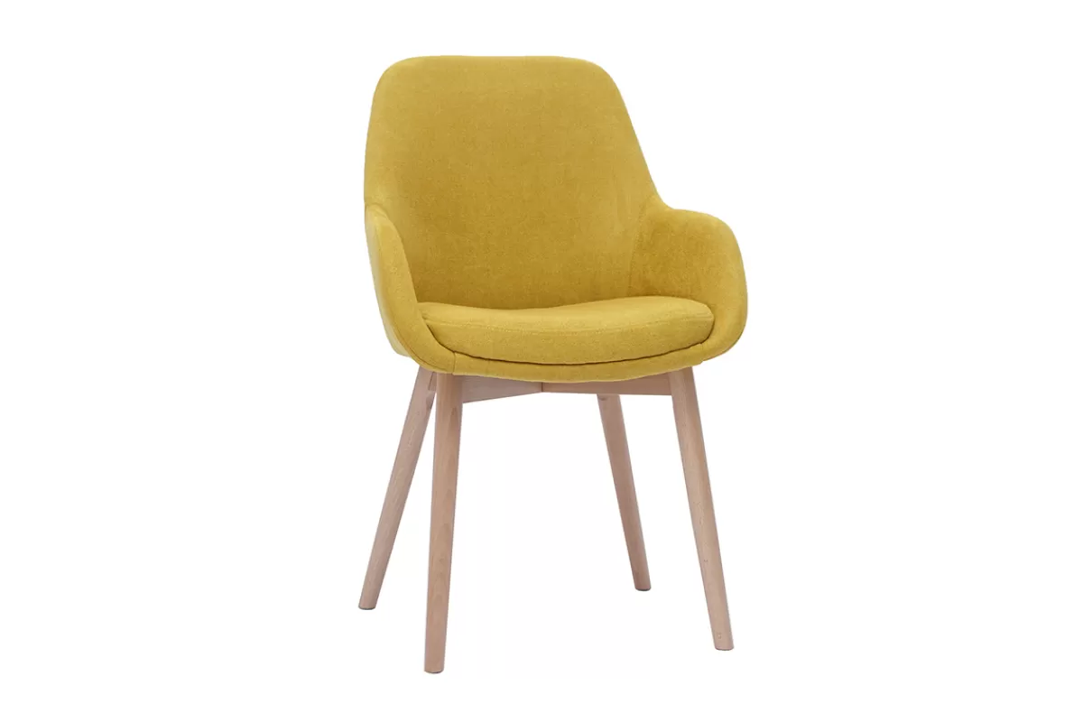 Miliboo Sillas Modernas-Set de 2 sillas nórdicas de tela efecto aterciopelado amarillo mostaza y madera clara maciza HOLO