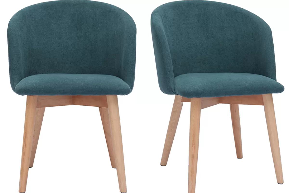 Miliboo Sillas Modernas-Set de 2 sillas nórdicas de tela efecto aterciopelado azul petróleo y madera clara maciza VANITY