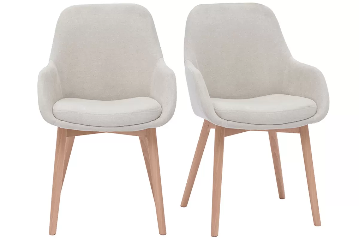 Miliboo Sillas Modernas-Set de 2 sillas nórdicas de tela efecto aterciopelado beige y madera clara maciza HOLO
