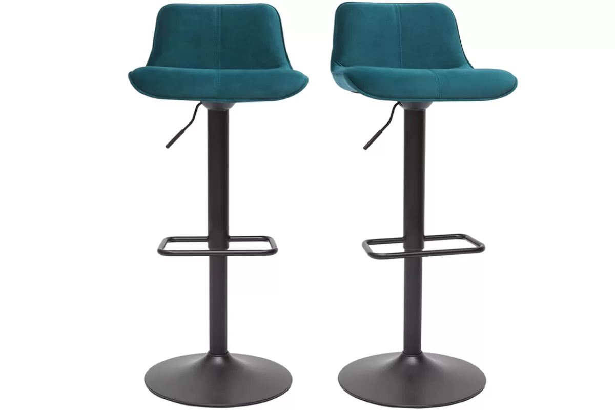 Miliboo Taburetes De Bar-Set de 2 taburetes de cocina ajustables 360º de terciopelo azul petróleo y metal negro BOOST