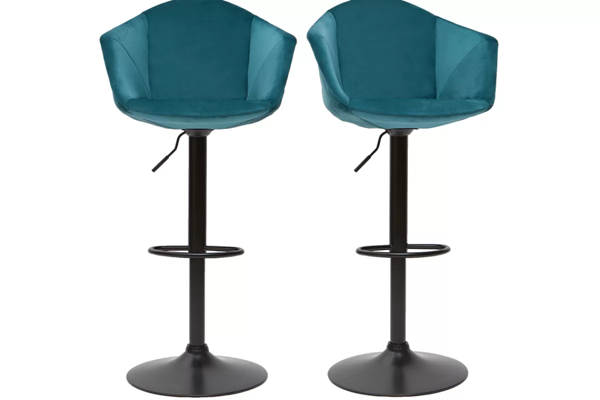 Miliboo Taburetes De Bar-Set de 2 taburetes de cocina ajustables 360º de terciopelo azul petróleo y metal TAYA