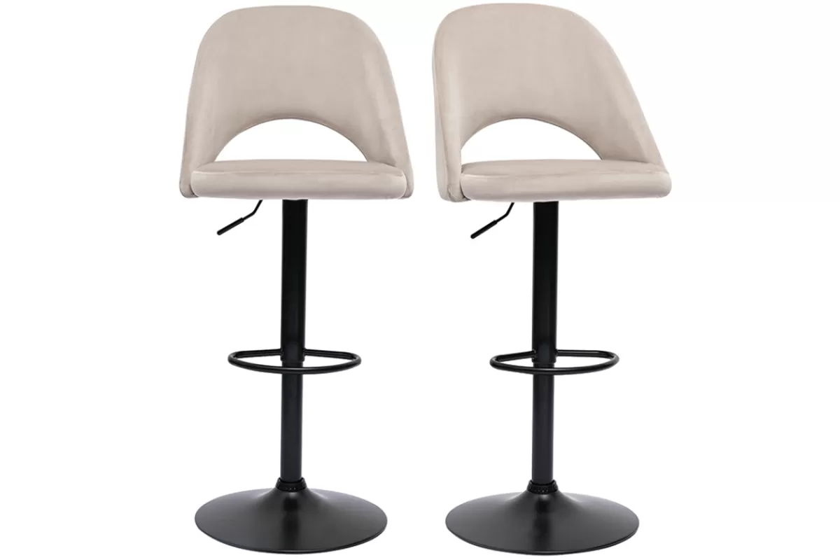 Miliboo Taburetes De Bar-Set de 2 taburetes de cocina ajustables de terciopelo color topo y metal negro COSETTE