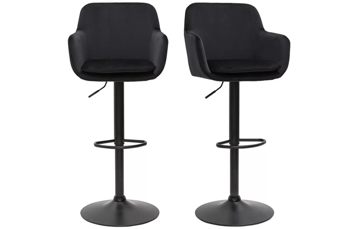 Miliboo Taburetes De Bar-Set de 2 taburetes de cocina ajustables de terciopelo negro y metal AMIKA