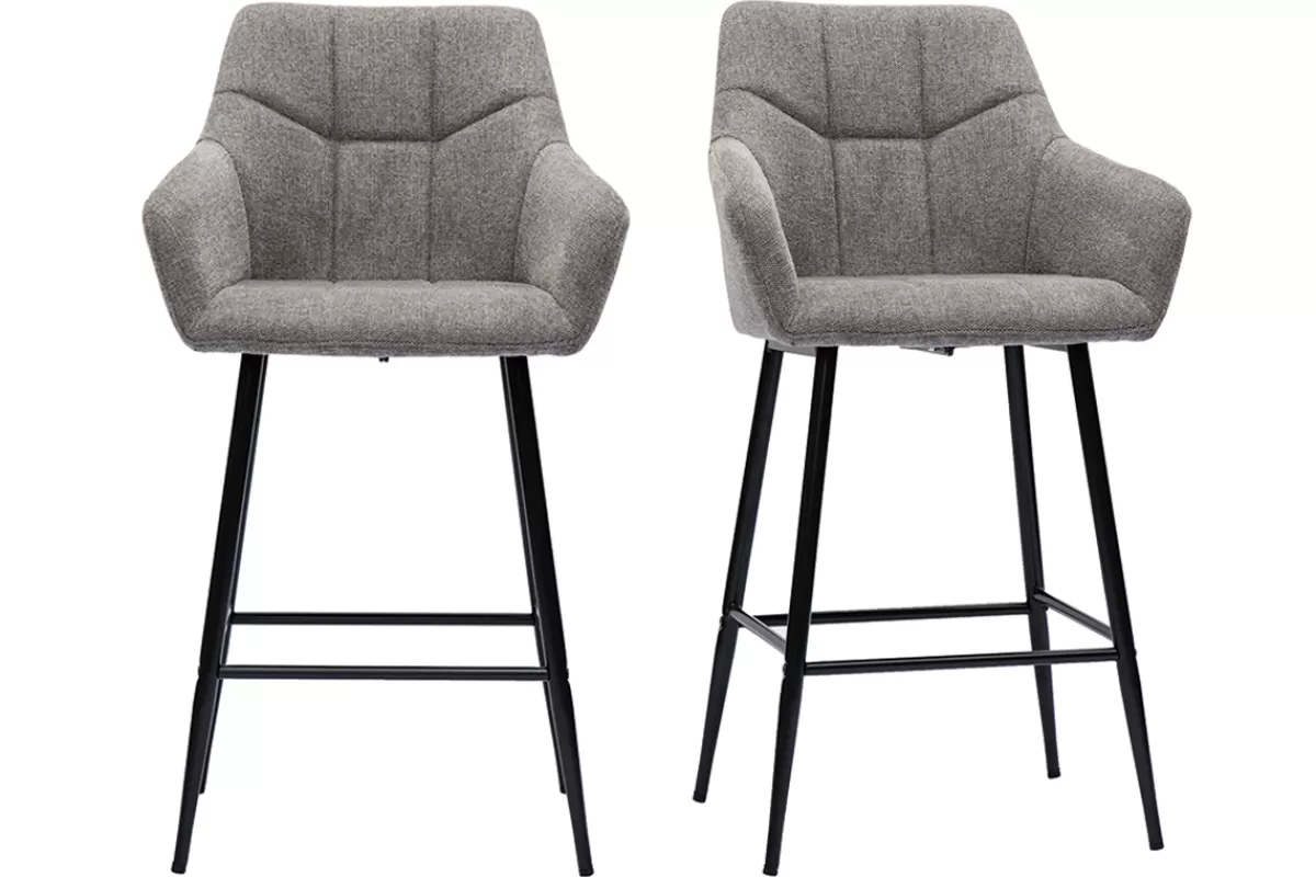 Miliboo Taburetes De Bar-Set de 2 taburetes de cocina con asiento acolchado de tela efecto aterciopelado texturizado gris y metal negro 65 cm MONTERO
