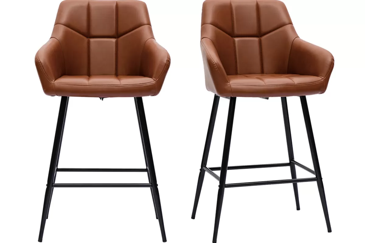 Miliboo Taburetes De Bar-Set de 2 taburetes de cocina con asiento acolchado marrón y metal negro 65 cm MONTERO