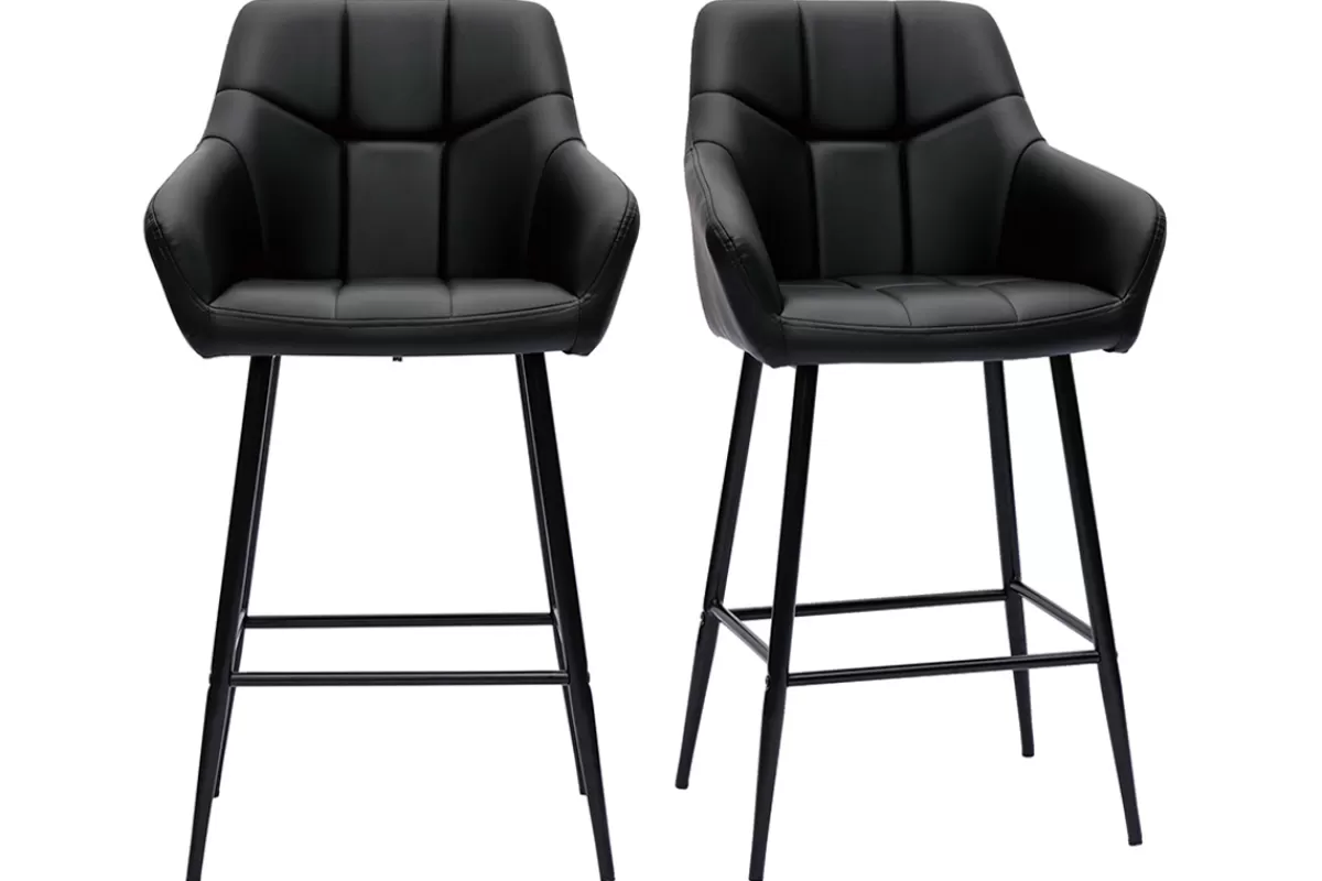 Miliboo Taburetes De Bar-Set de 2 taburetes de cocina con asiento acolchado negro y metal negro 65 cm MONTERO