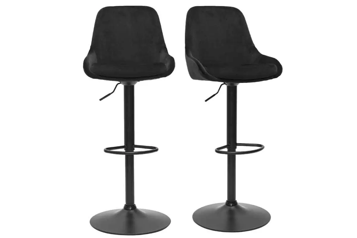 Miliboo Taburetes De Bar-Set de 2 taburetes de cocina de diseño ajustables 360º de terciopelo azul petróleo y metal negro HOLO