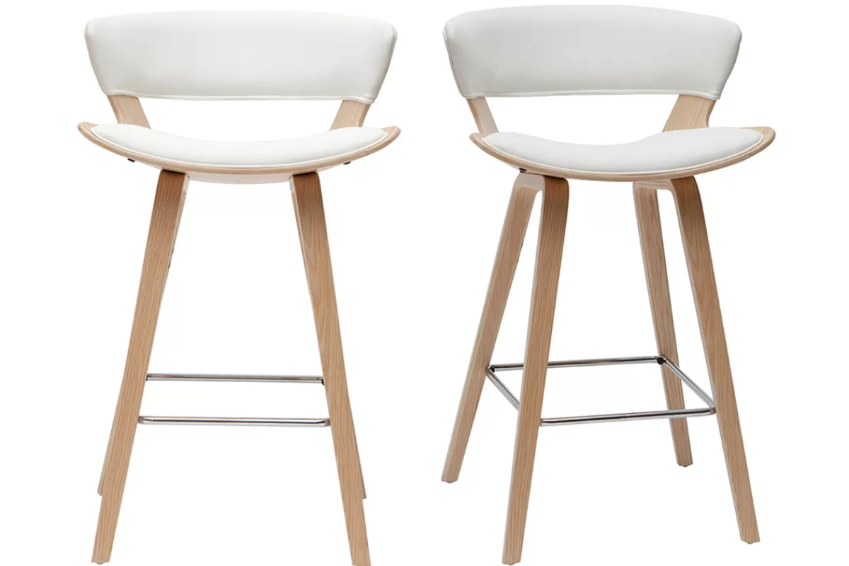 Miliboo Taburetes De Bar-Set de 2 taburetes de cocina de diseño blanco con madera clara 65 cm SYRAH