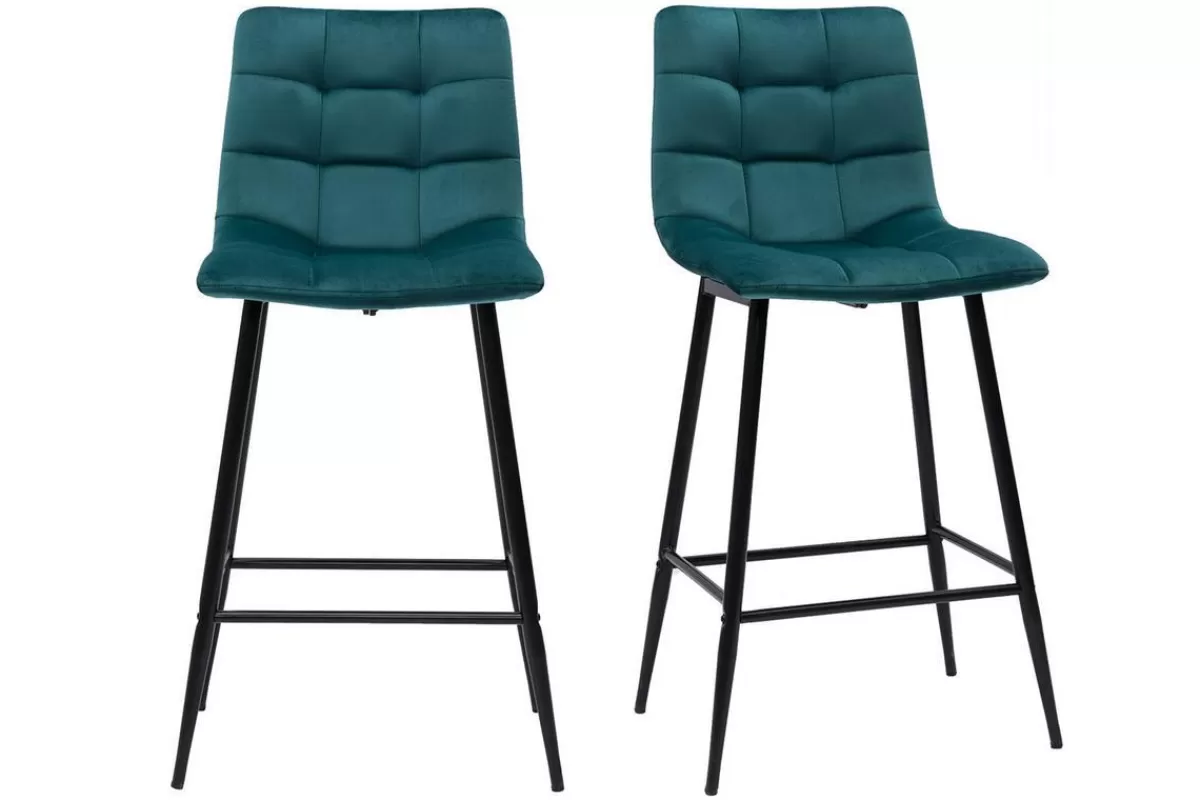 Miliboo Taburetes De Bar-Set de 2 taburetes de cocina de diseño de terciopelo azul petróleo 65 cm MAXWELL
