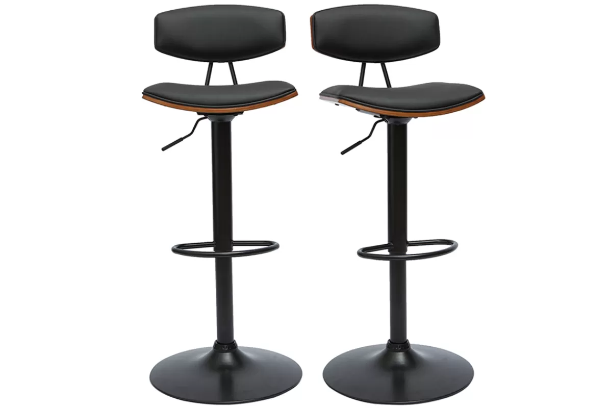 Miliboo Taburetes De Bar-Set de 2 taburetes de cocina de diseño regulable negro y madera oscura VASCO