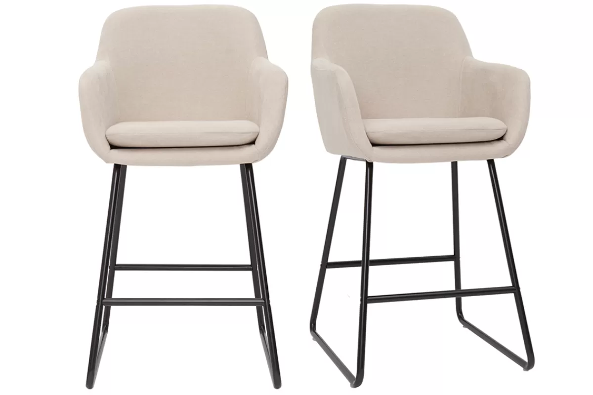 Miliboo Taburetes De Bar-Set de 2 taburetes de cocina de tejido efecto aterciopelado beige de 65 cm AMIKA