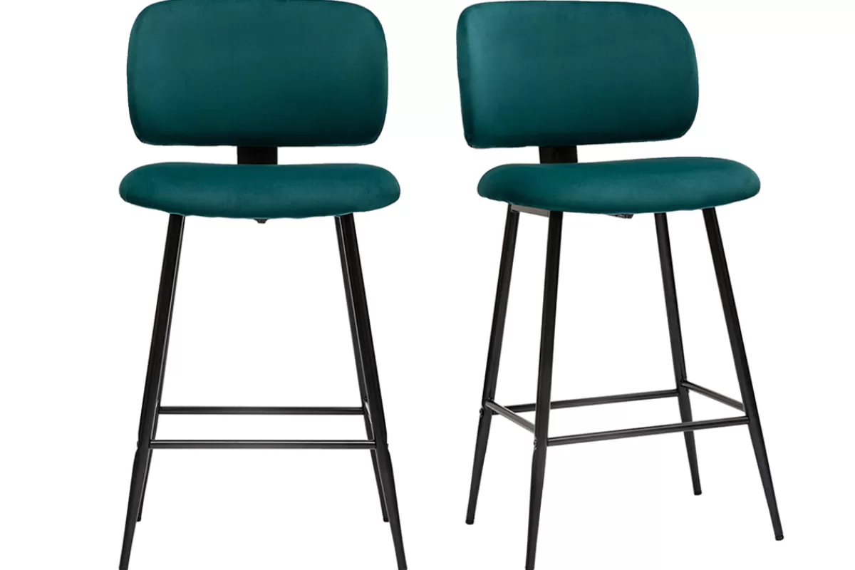 Miliboo Taburetes De Bar-Set de 2 taburetes de cocina de terciopelo azul petróleo y metal negro 70 cm de altura ATRIUM