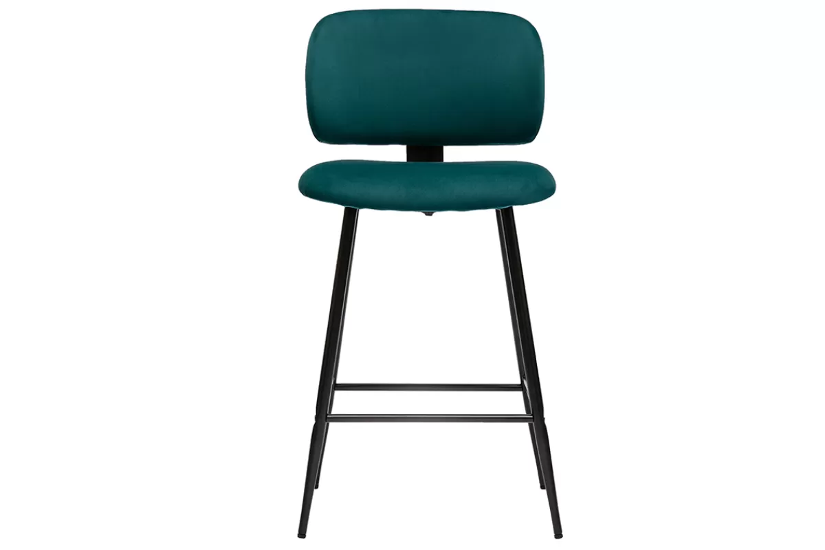 Miliboo Taburetes De Bar-Set de 2 taburetes de cocina de terciopelo azul petróleo y metal negro 70 cm de altura ATRIUM