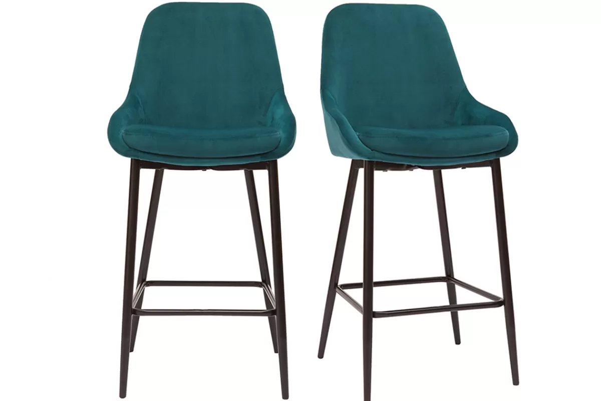 Miliboo Taburetes De Bar-Set de 2 taburetes de cocina de terciopelo azul petróleo y metal negro 65 cm de altura HOLO