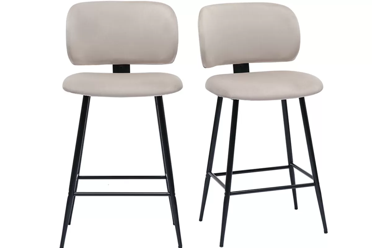 Miliboo Taburetes De Bar-Set de 2 taburetes de cocina de terciopelo color topo y metal negro 70 cm de altura ATRIUM
