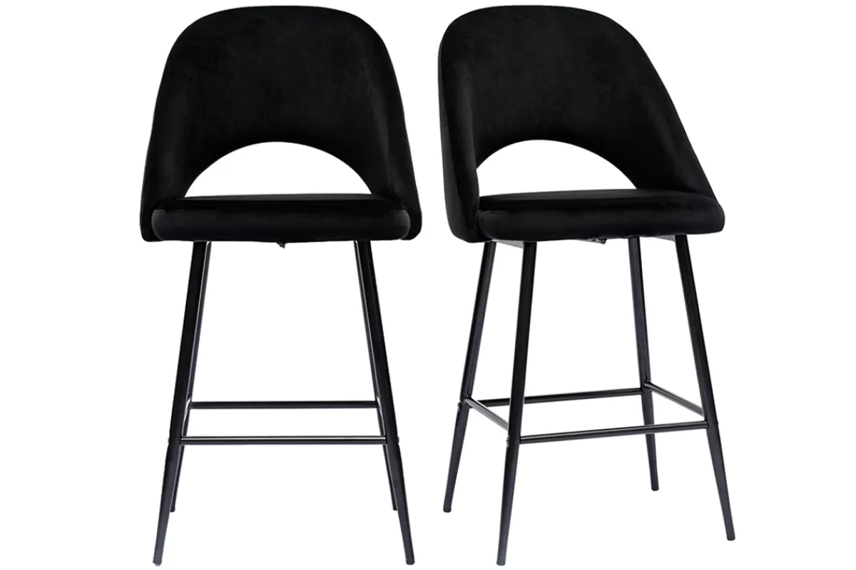 Miliboo Taburetes De Bar-Set de 2 taburetes de cocina de terciopelo negro y metal 65 cm COSETTE