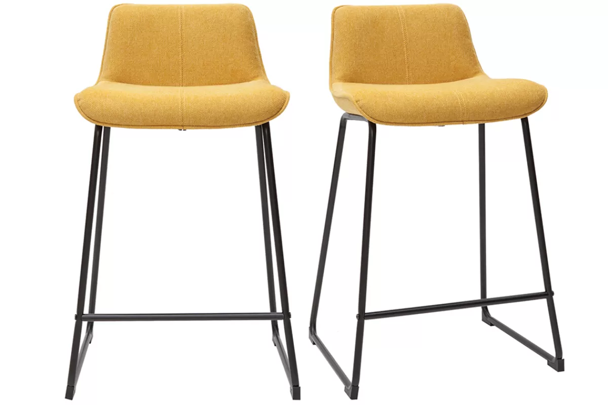 Miliboo Taburetes De Bar-Set de 2 taburetes de cocina efecto aterciopelado texturizado amarillo mostaza y metal 65 cm BOOST