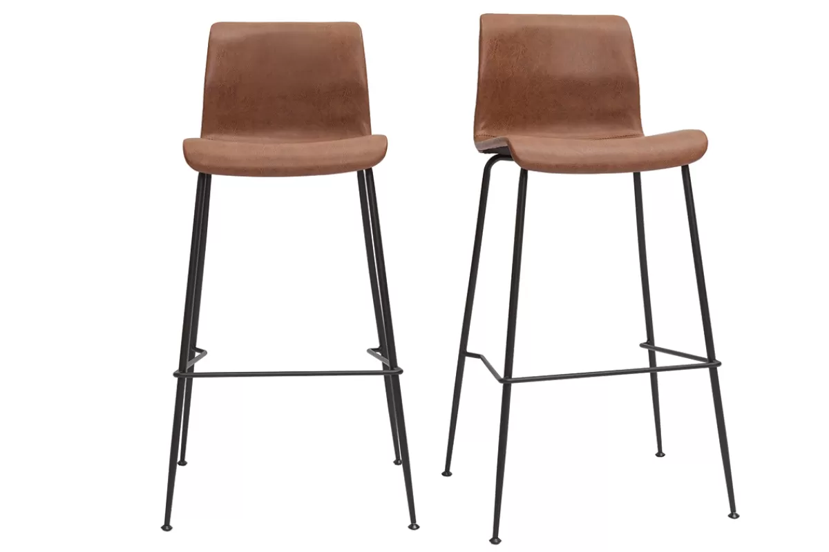 Miliboo Taburetes De Bar-Set de 2 taburetes de cocina fijos marrón envejecido y metal negro 75 cm HAROLD