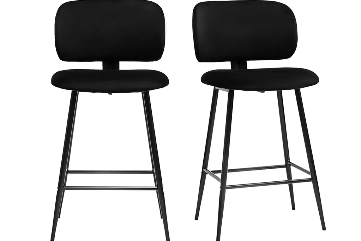 Miliboo Taburetes De Bar-Set de 2 taburetes de cocina negros de terciopelo y metal 70 cm ATRIUM