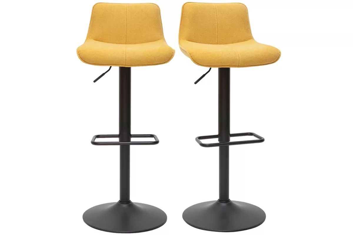Miliboo Taburetes De Bar-Set de 2 taburetes de cocina regulables y giratorios 360º de tejido efecto aterciopelado amarillo mostaza y metal negro BOOST