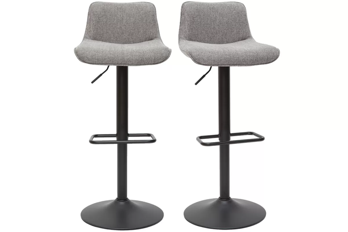 Miliboo Taburetes De Bar-Set de 2 taburetes de cocina regulables y giratorios 360º de tejido efecto aterciopelado gris y metal negro BOOST