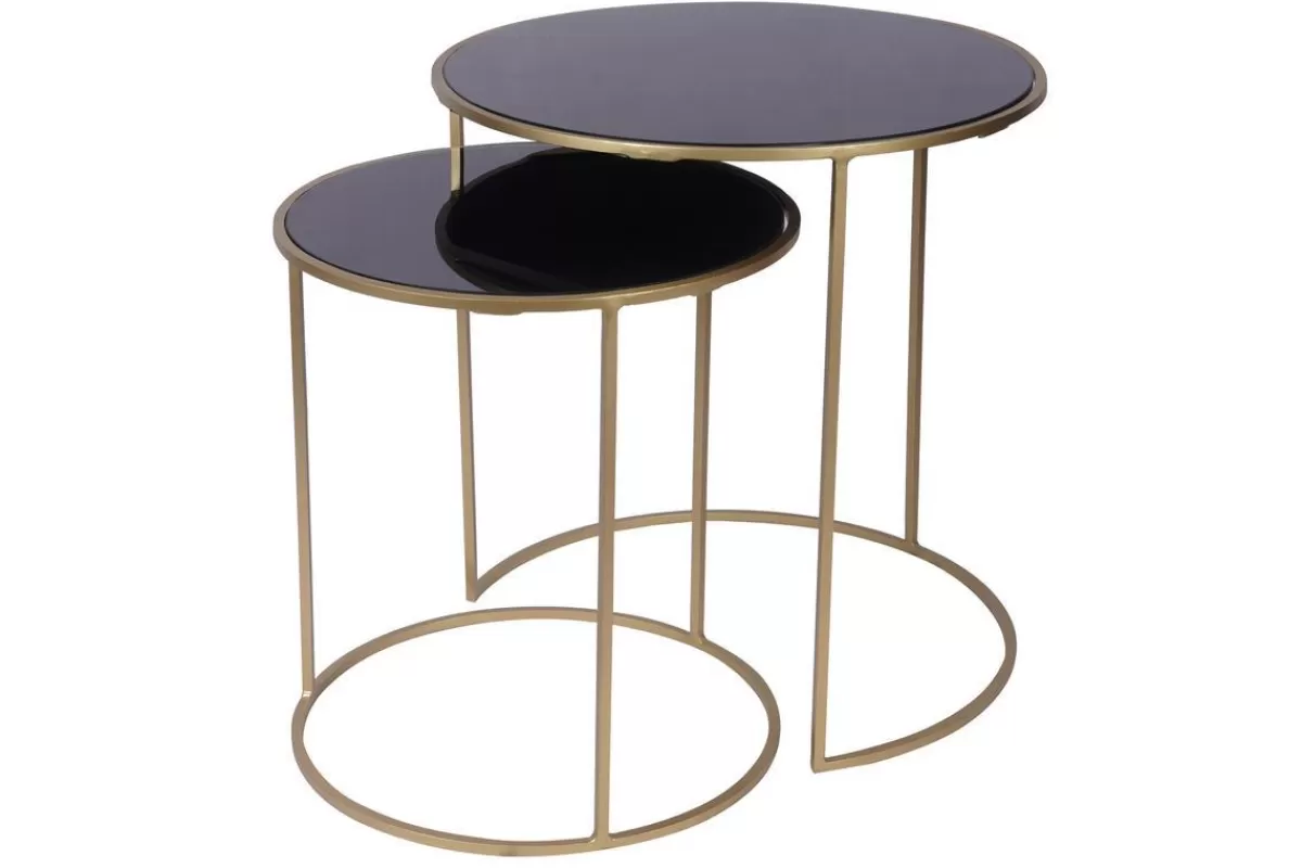 Miliboo Mesilla Auxiliar-Set de 2 mesas nido auxiliares de cristal tintado negro y metal dorado JANE