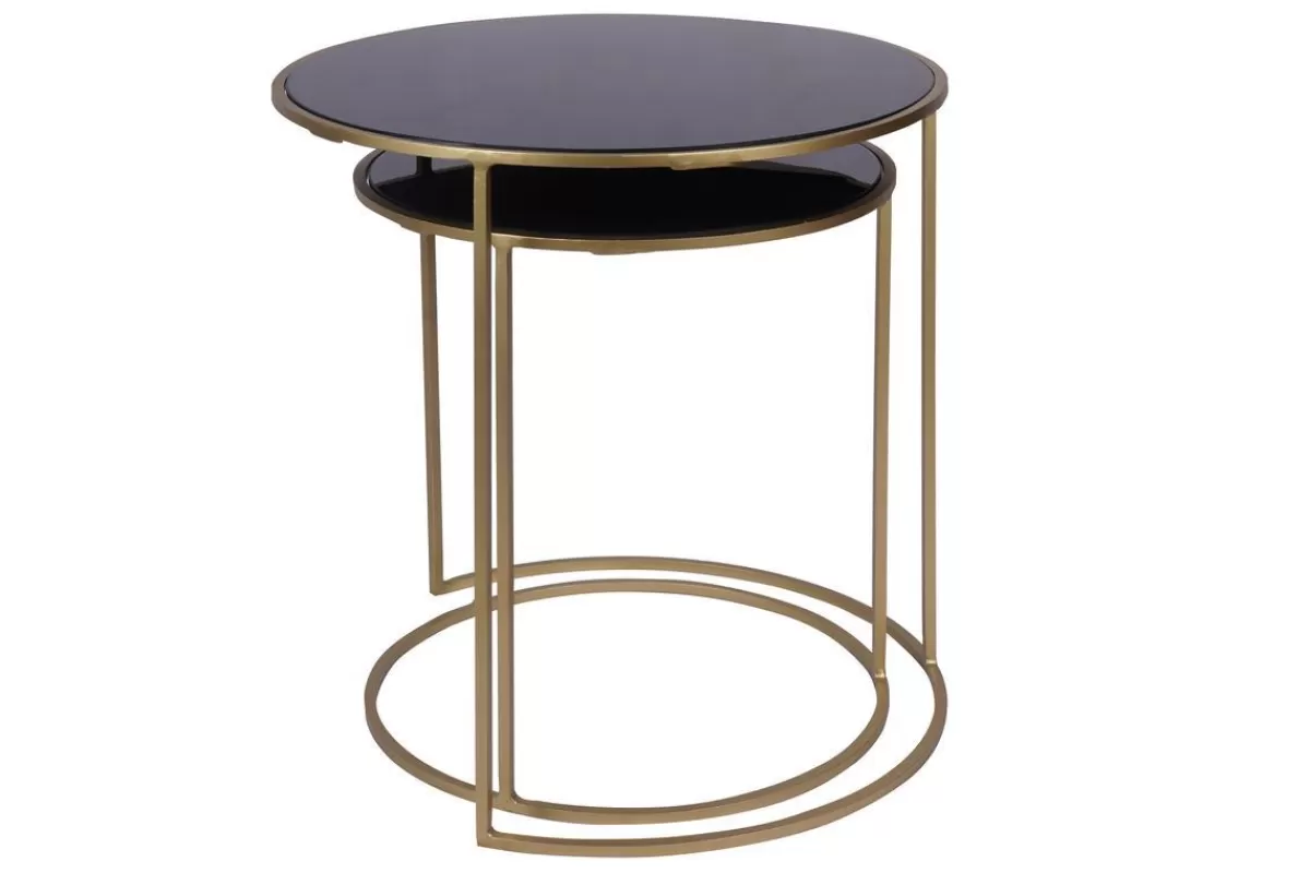 Miliboo Mesilla Auxiliar-Set de 2 mesas nido auxiliares de cristal tintado negro y metal dorado JANE