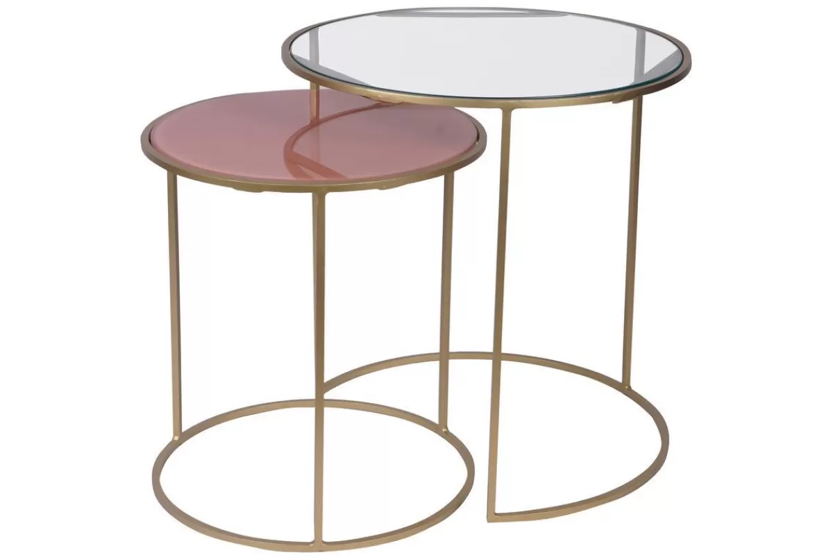 Miliboo Mesilla Auxiliar-Set de 2 mesas nido auxiliares de cristal tintado rosa y metal dorado JANE