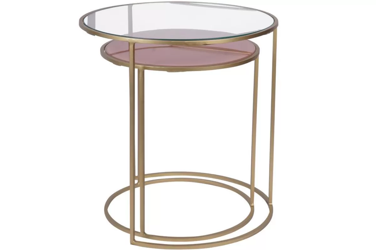 Miliboo Mesilla Auxiliar-Set de 2 mesas nido auxiliares de cristal tintado rosa y metal dorado JANE