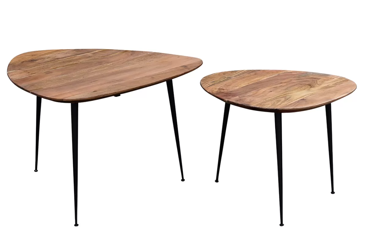 Miliboo Mesas De Salón-Set de 2 mesas nido de acacia maciza y metal negro STONES