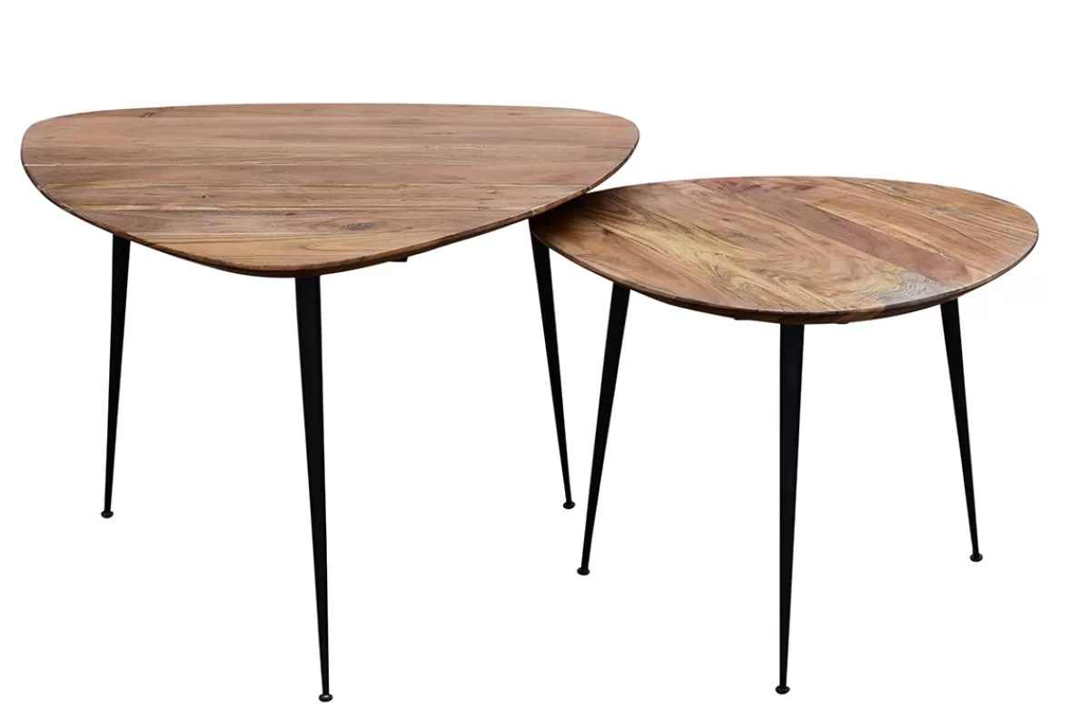 Miliboo Mesas De Salón-Set de 2 mesas nido de acacia maciza y metal negro STONES