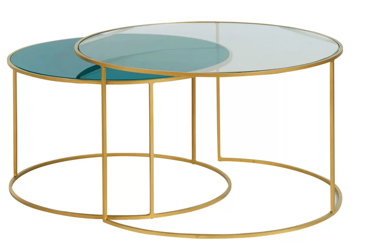 Miliboo Mesas De Salón-Set de 2 mesas nido de centro en metal dorado y cristal tintado azul petróleo ROXO