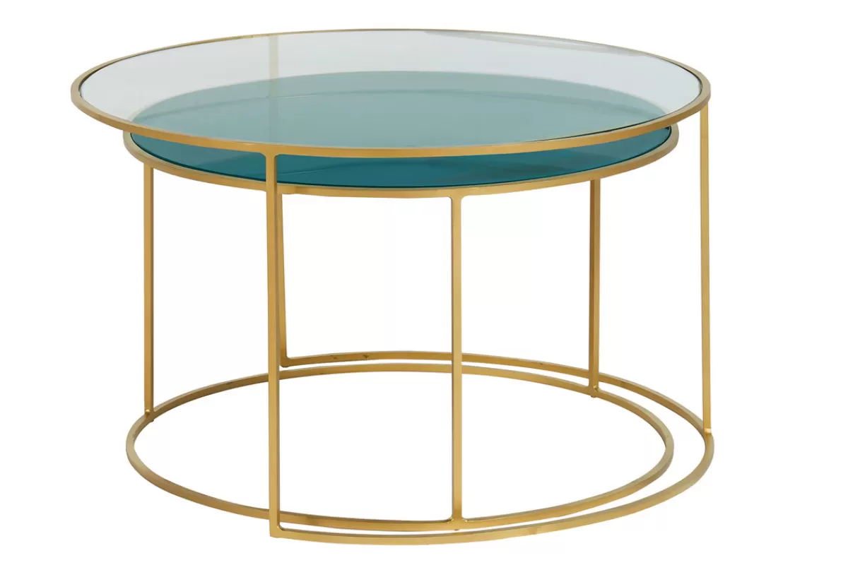 Miliboo Mesas De Salón-Set de 2 mesas nido de centro en metal dorado y cristal tintado azul petróleo ROXO
