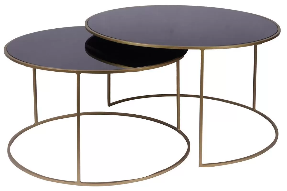 Miliboo Mesas De Salón-Set de 2 mesas nido de centro en metal dorado y cristal tintado negro ROXO