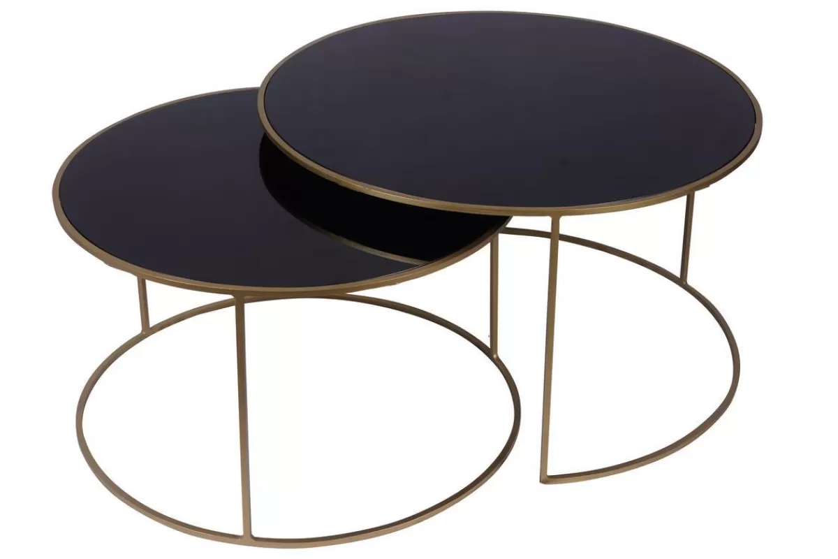 Miliboo Mesas De Salón-Set de 2 mesas nido de centro en metal dorado y cristal tintado negro ROXO