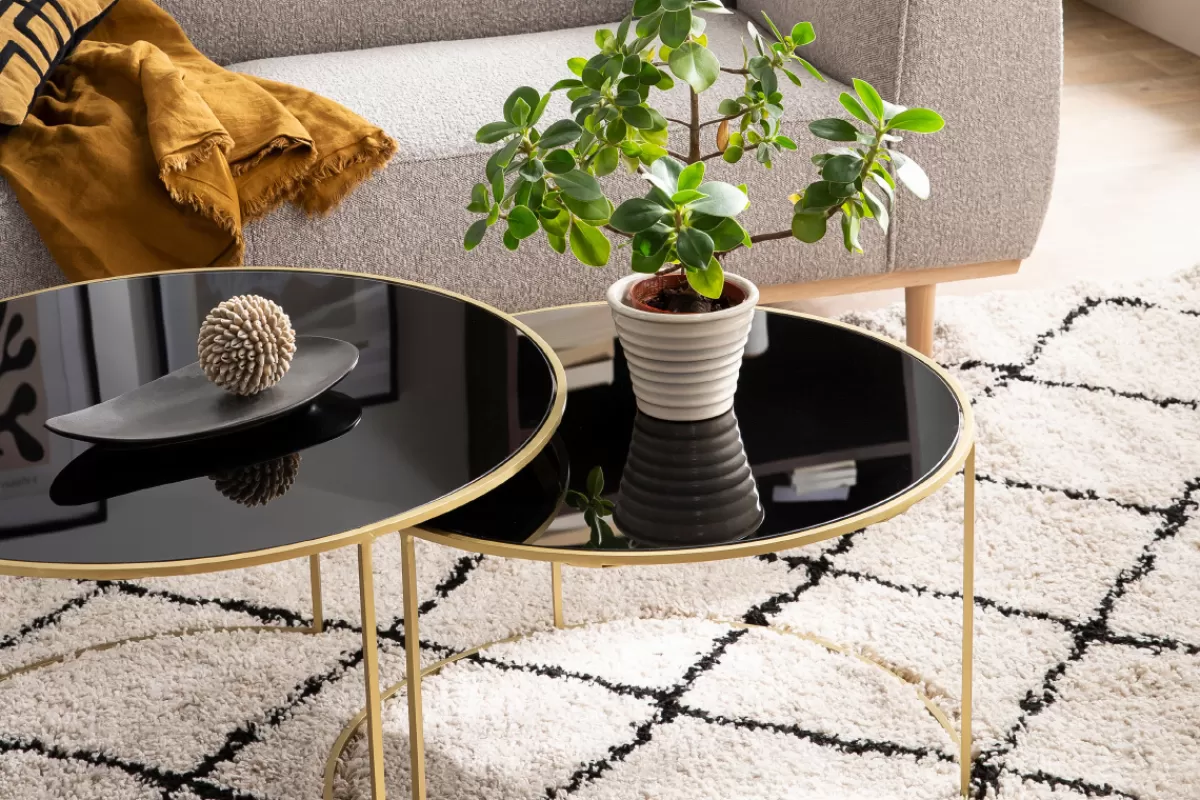 Miliboo Mesas De Salón-Set de 2 mesas nido de centro en metal dorado y cristal tintado negro ROXO