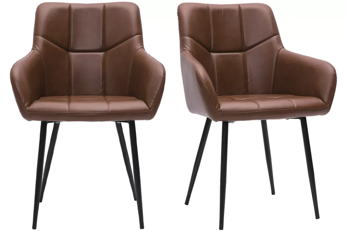 Miliboo Sillas Modernas-Set de 2 sillas de diseño acolchadas de poliuretano marrón y metal negro MONTERO