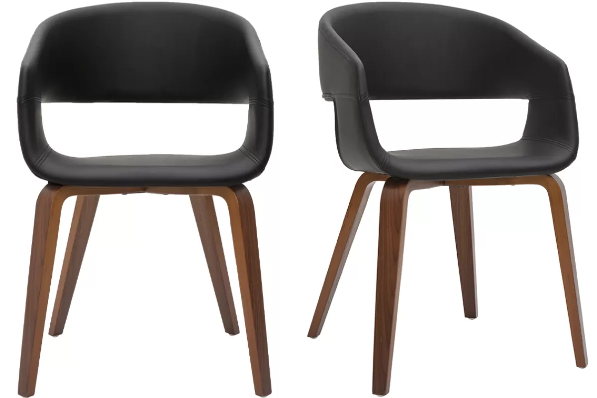 Miliboo Sillas Modernas-Set de 2 sillas de diseño de poliuretano negro con patas de madera oscura SLAM
