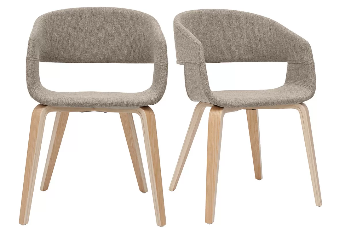 Miliboo Sillas Modernas-Set de 2 sillas de diseño de tela color topo con patas de madera clara SLAM