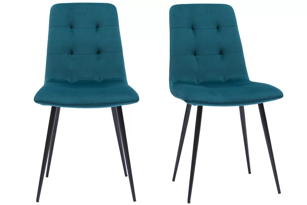 Miliboo Sillas Modernas-Set de 2 sillas de diseño de terciopelo tapizadas azul petróleo y metal negro ESCAPE