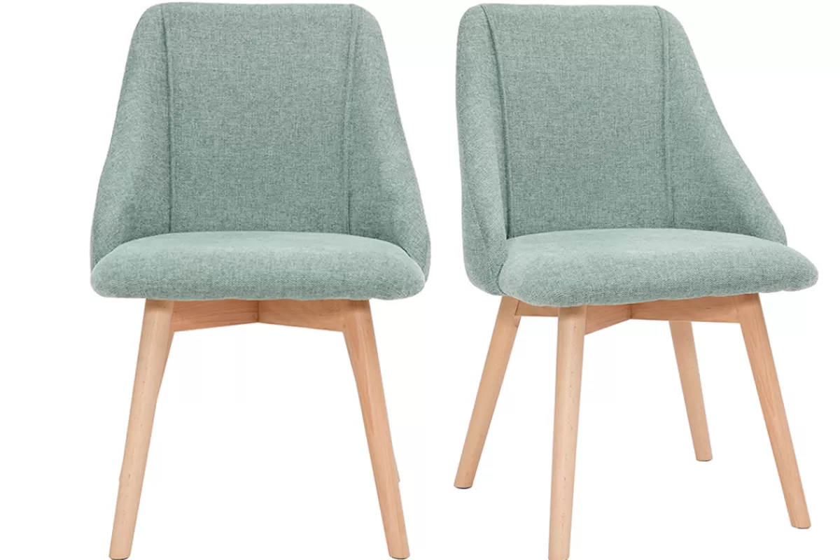 Miliboo Sillas Modernas-Set de 2 sillas de tela efecto aterciopelado texturizado verde y madera clara HIGGINS