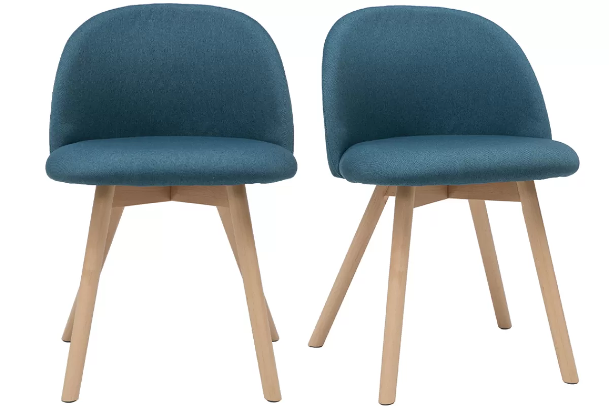 Miliboo Sillas Modernas-Set de 2 sillas nórdicas de tela azul petróleo y haya maciza CELESTE