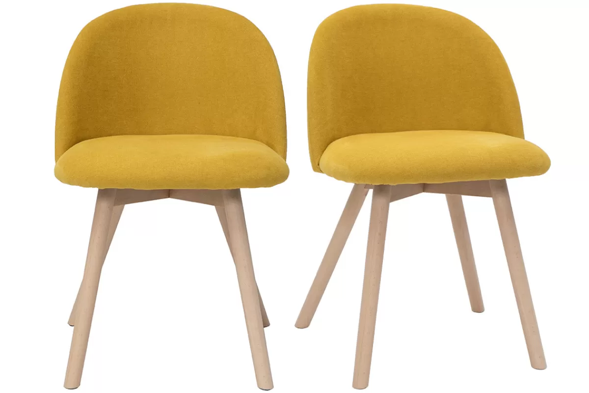 Miliboo Sillas Modernas-Set de 2 sillas nórdicas de tela efecto aterciopelado amarillo mostaza y haya maciza CELESTE
