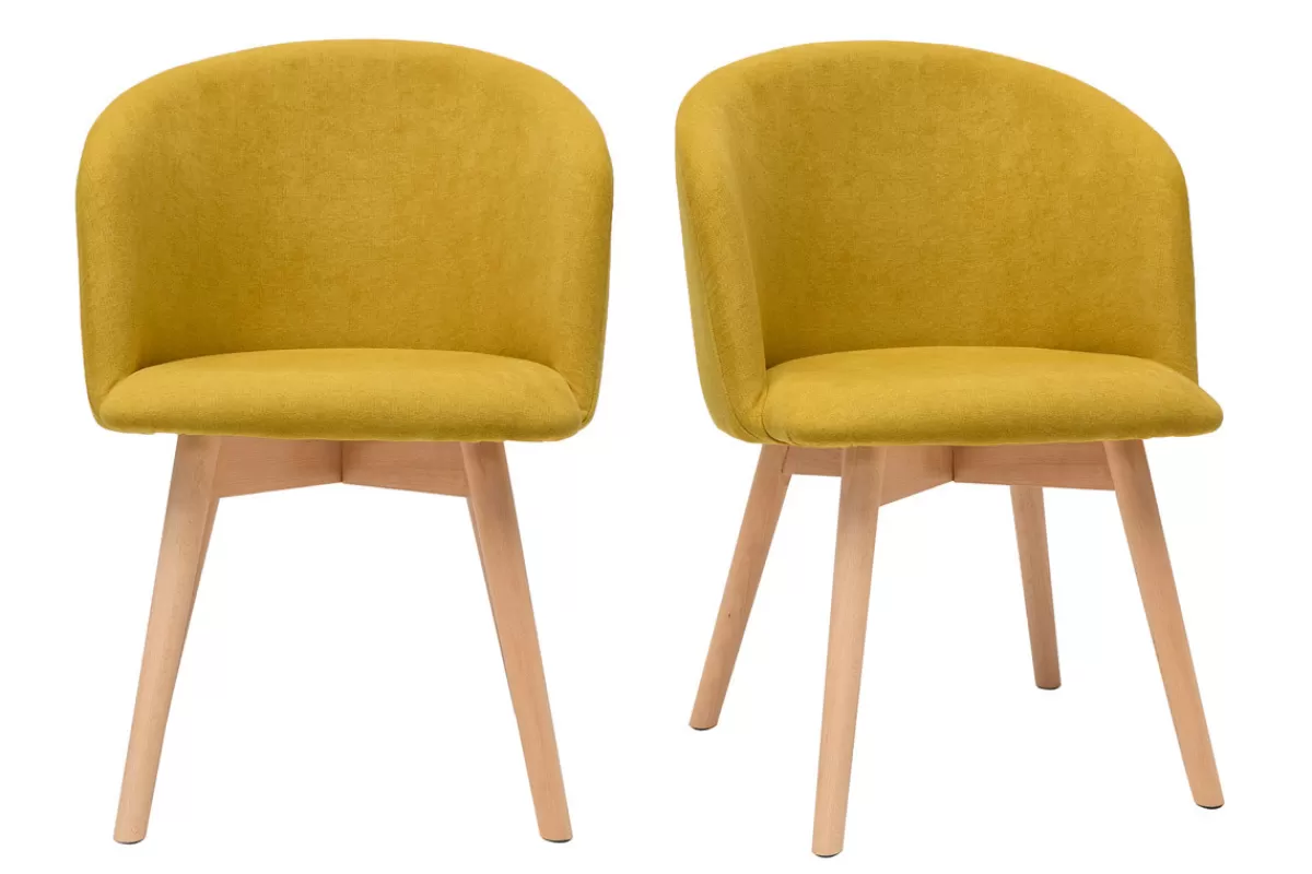 Miliboo Sillas Modernas-Set de 2 sillas nórdicas de tela efecto aterciopelado amarillo mostaza y haya maciza VANITY