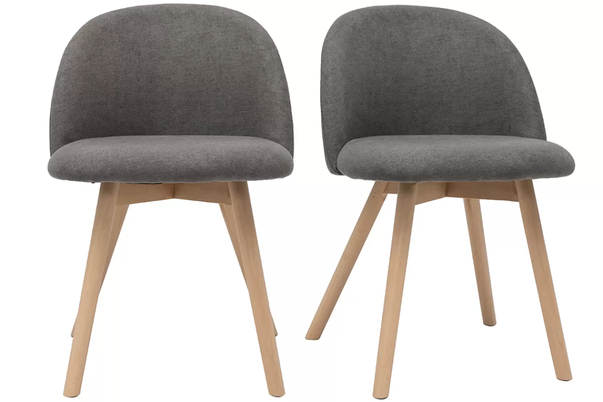 Miliboo Sillas Modernas-Set de 2 sillas nórdicas de tela efecto aterciopelado gris y haya maciza CELESTE